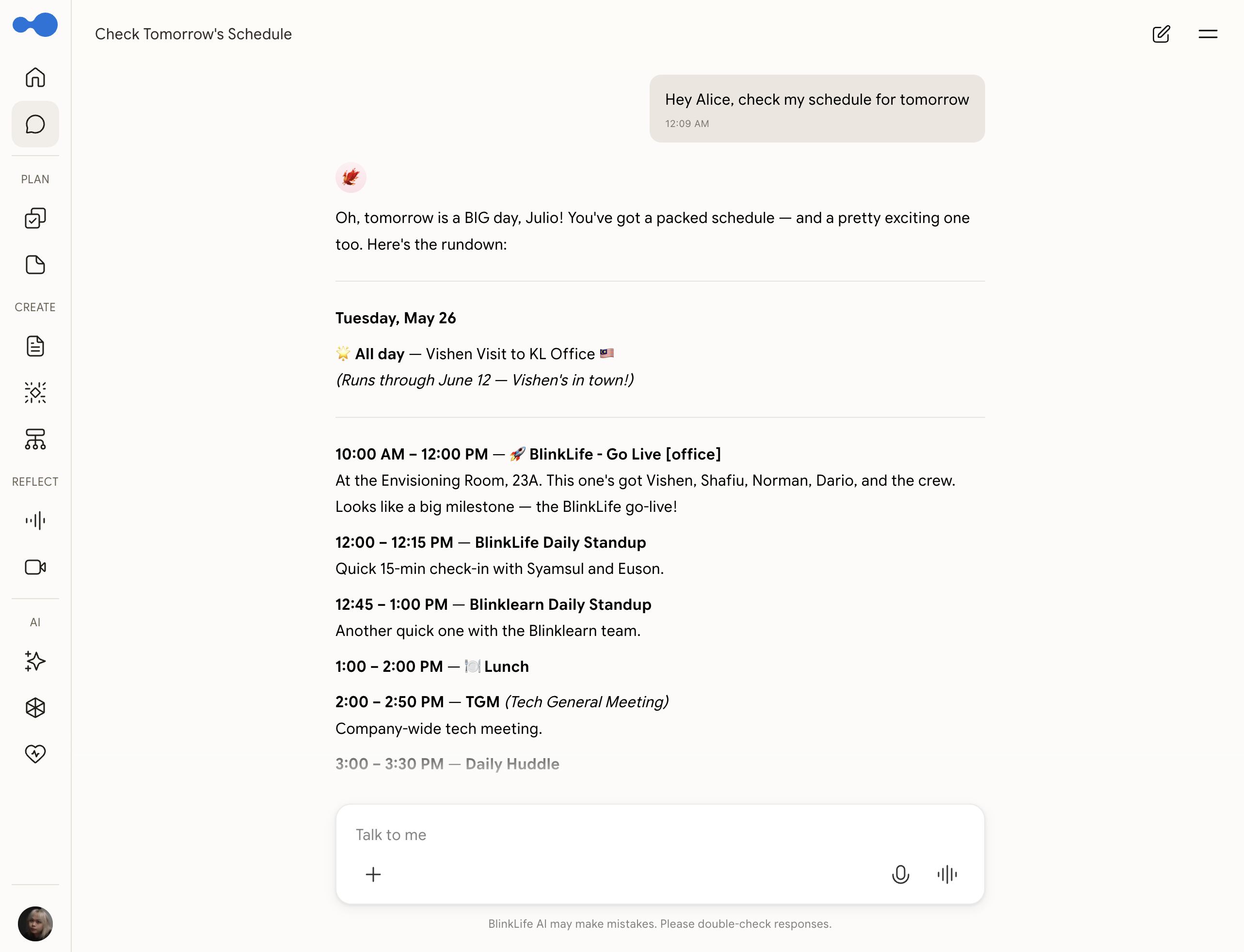 Companion answering "check my schedule for tomorrow" with a full breakdown of meetings, lunch, and all-day events