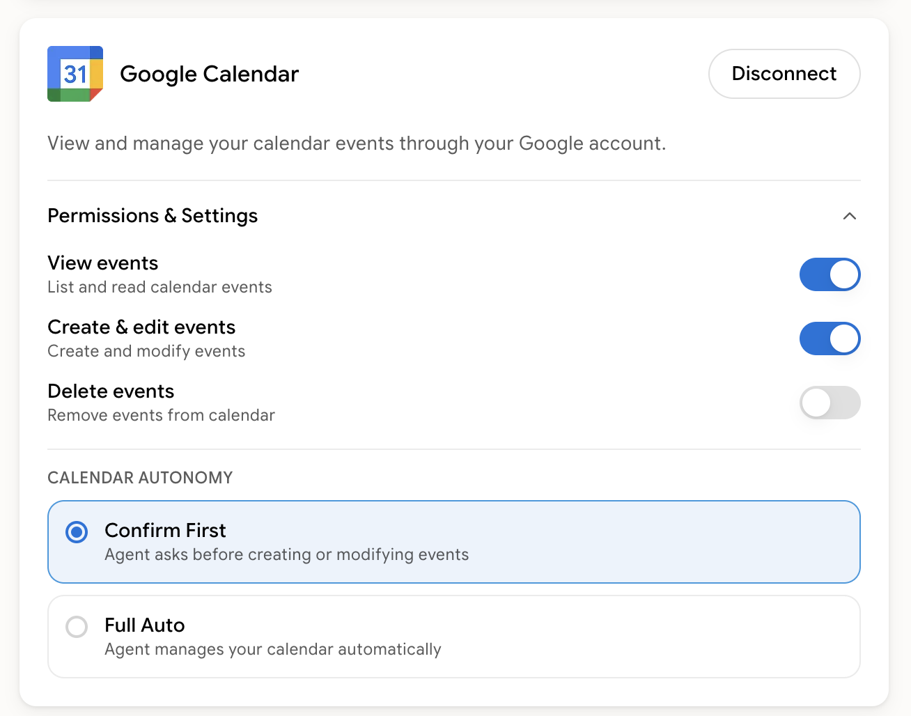 Google Calendar permissions panel with View / Create / Delete toggles and Confirm First vs Full Auto autonomy options