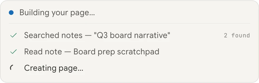 The activity block: a headline step, completed steps with ticks, and the step currently running