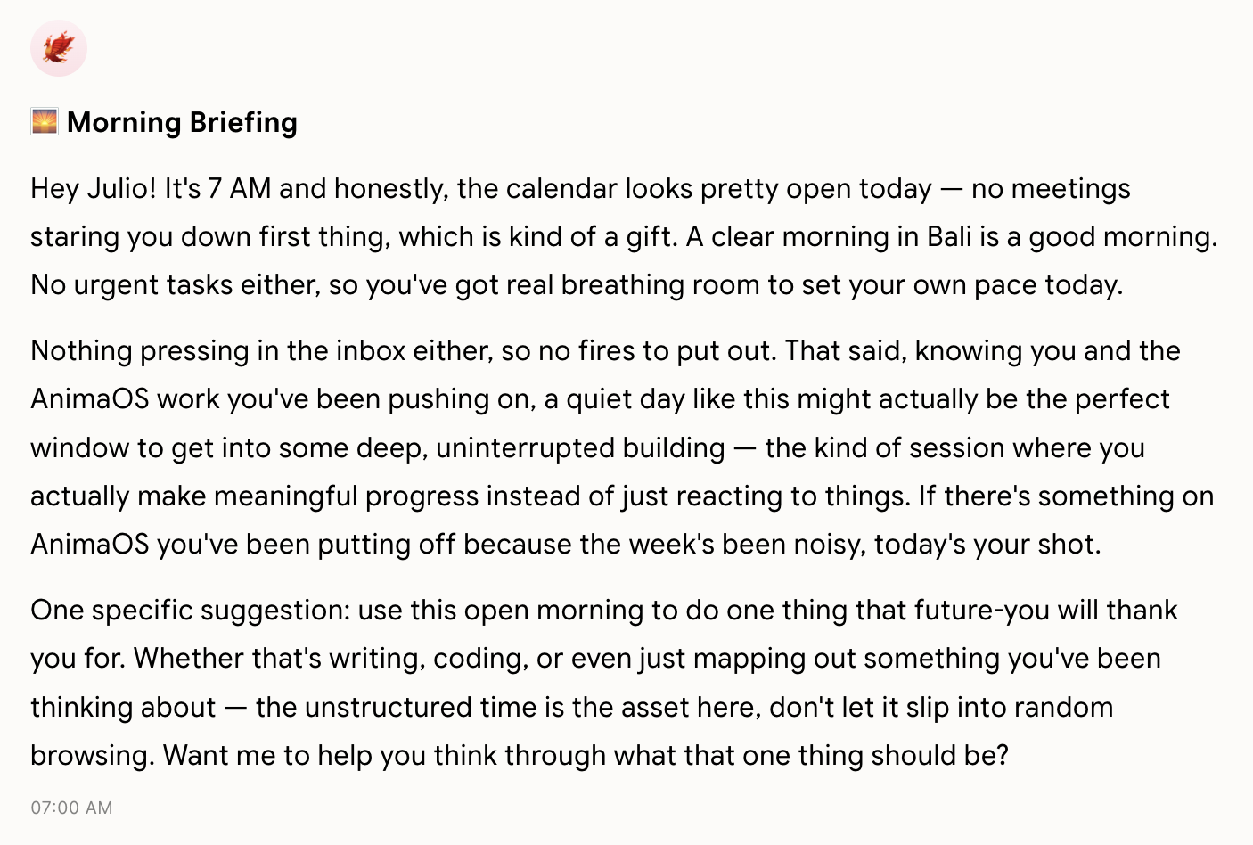 Morning Briefing in Chat showing a personalised message from your companion