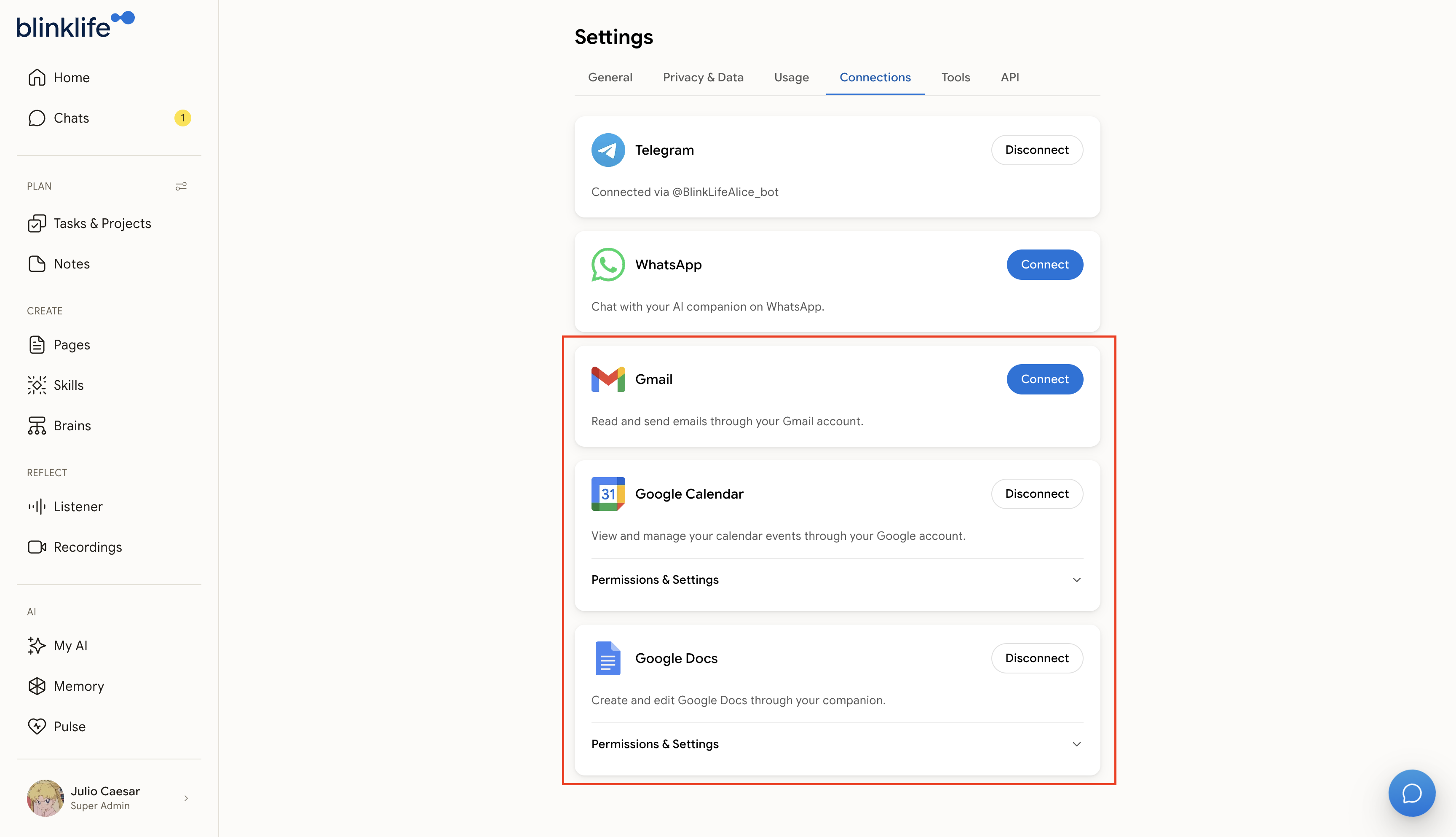 Settings Connections page showing Gmail, Google Calendar, and Google Docs