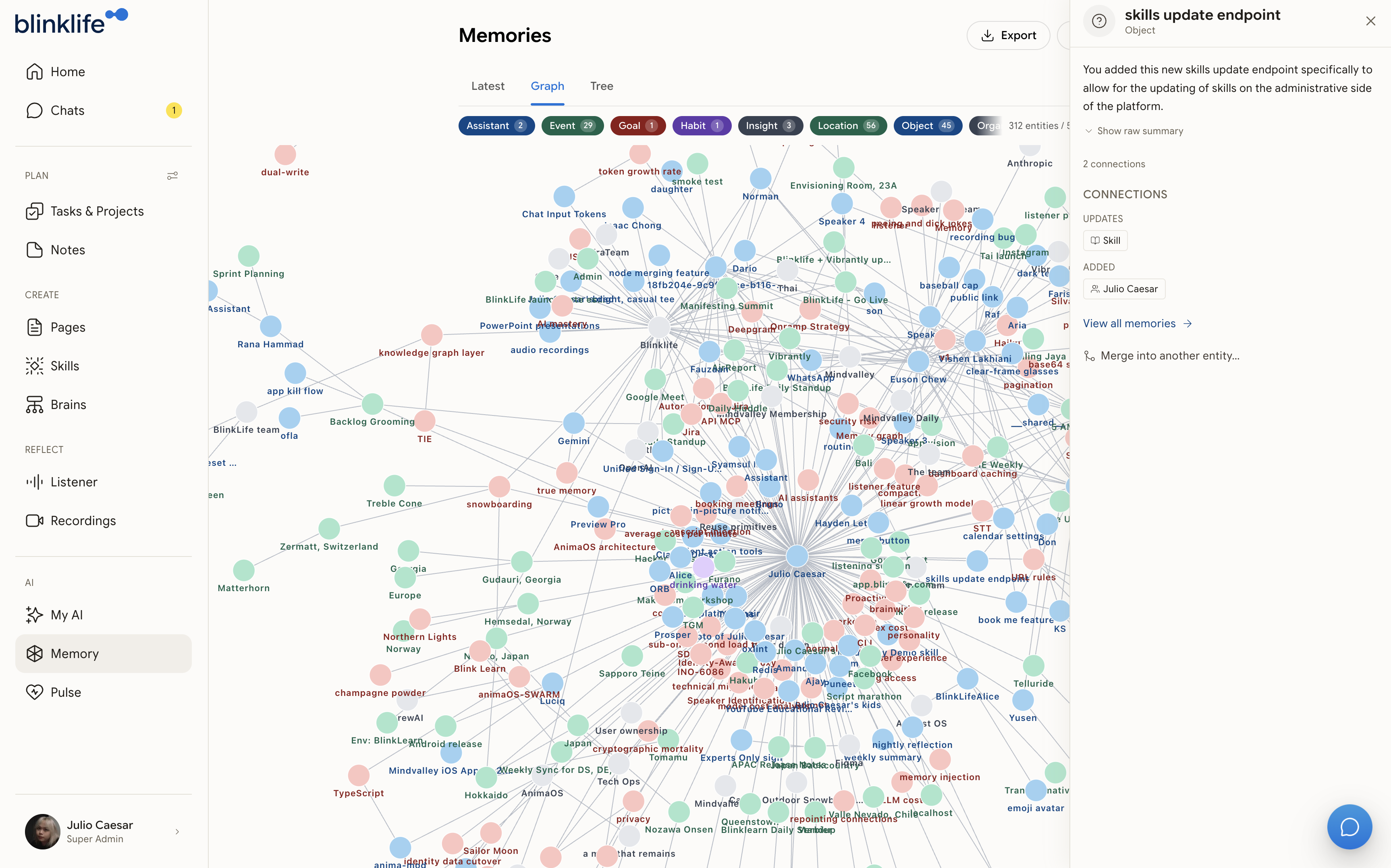 Memory page — Graph view showing connected entities