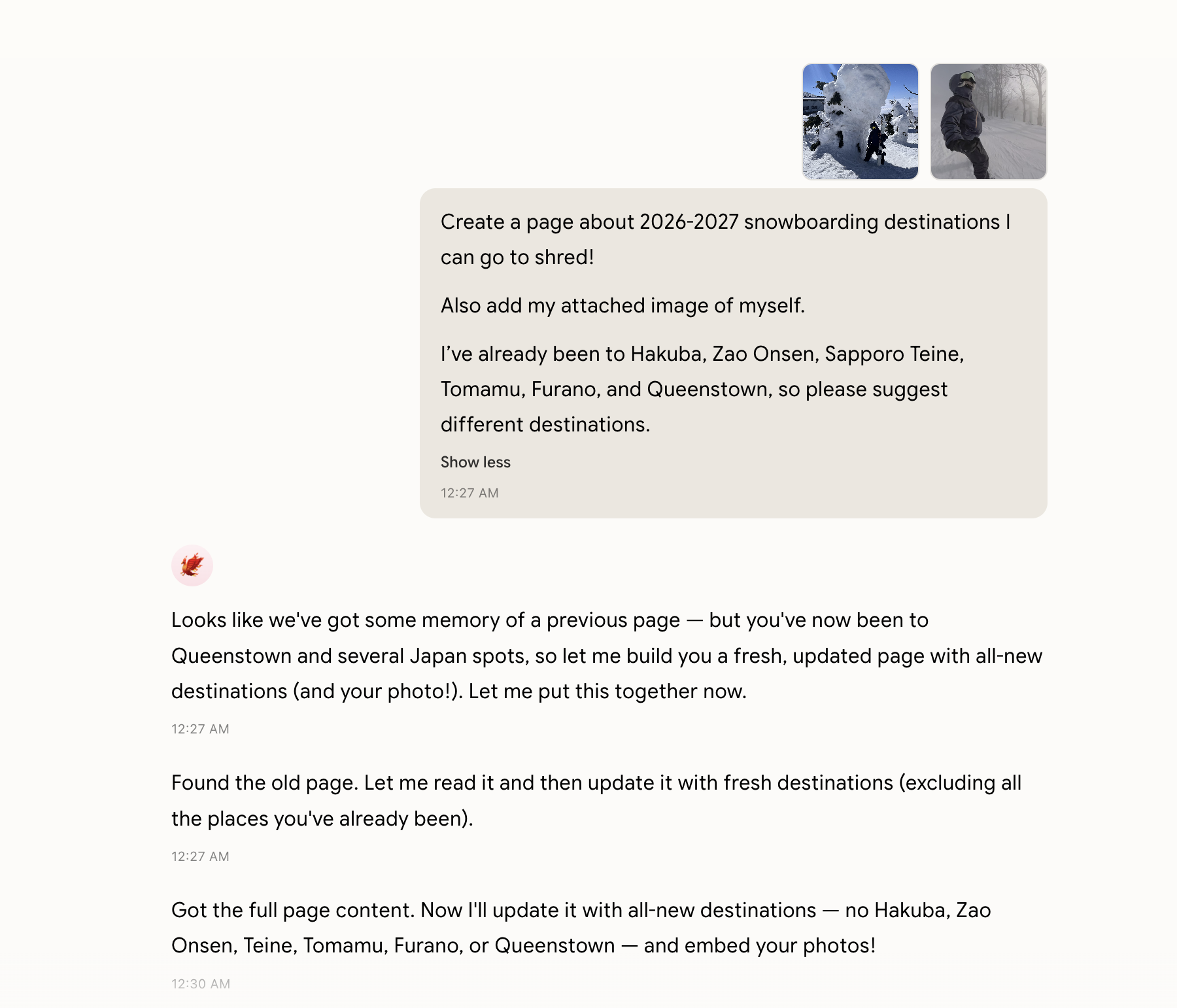 Asking your companion to create a page about snowboarding destinations with attached photos