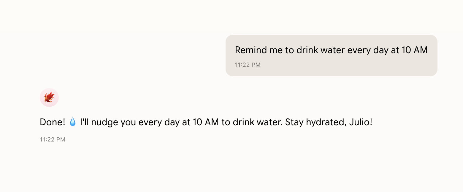 Asking your companion in Chat to create a daily water reminder