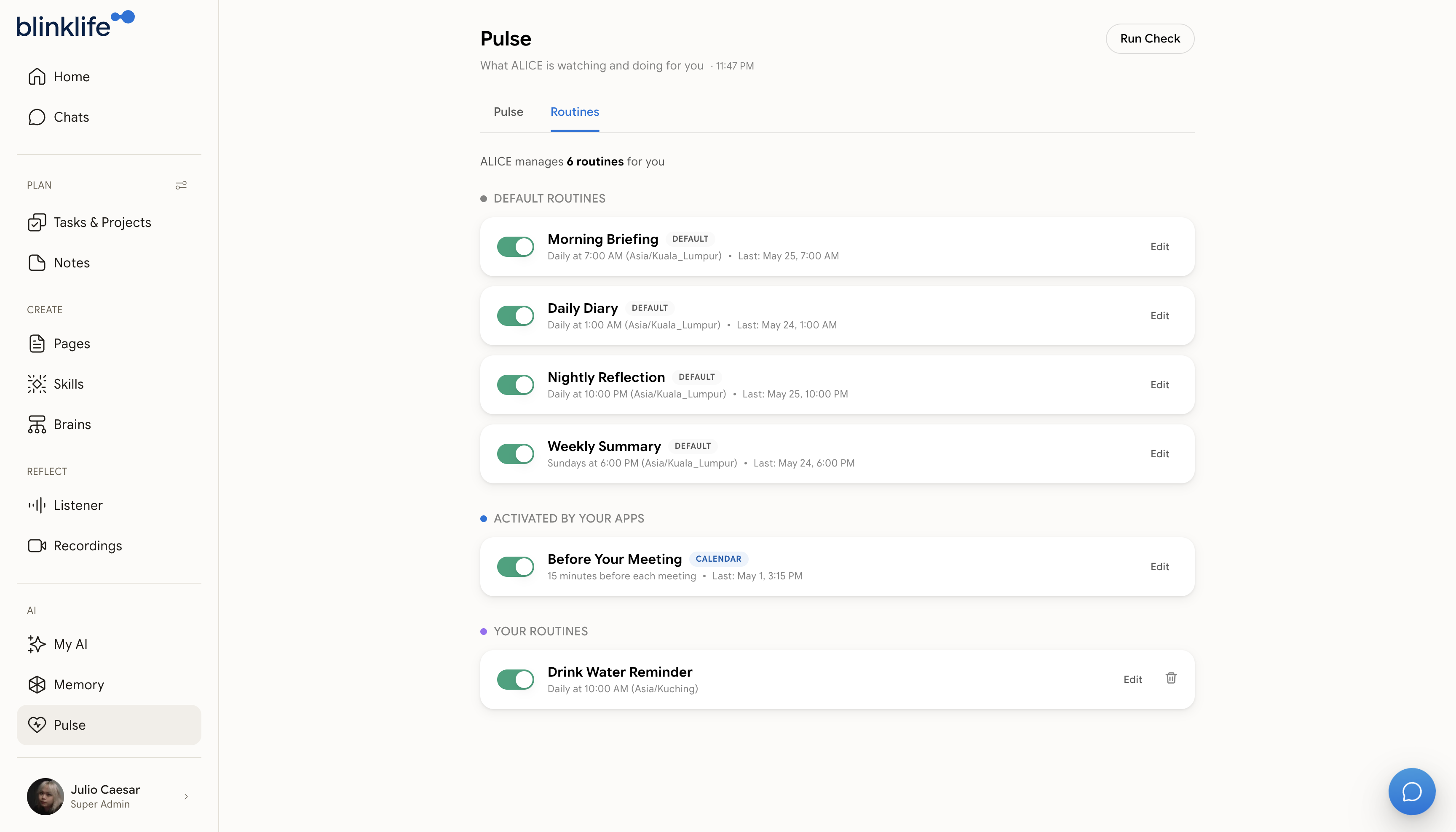 Routines page showing default and custom routines