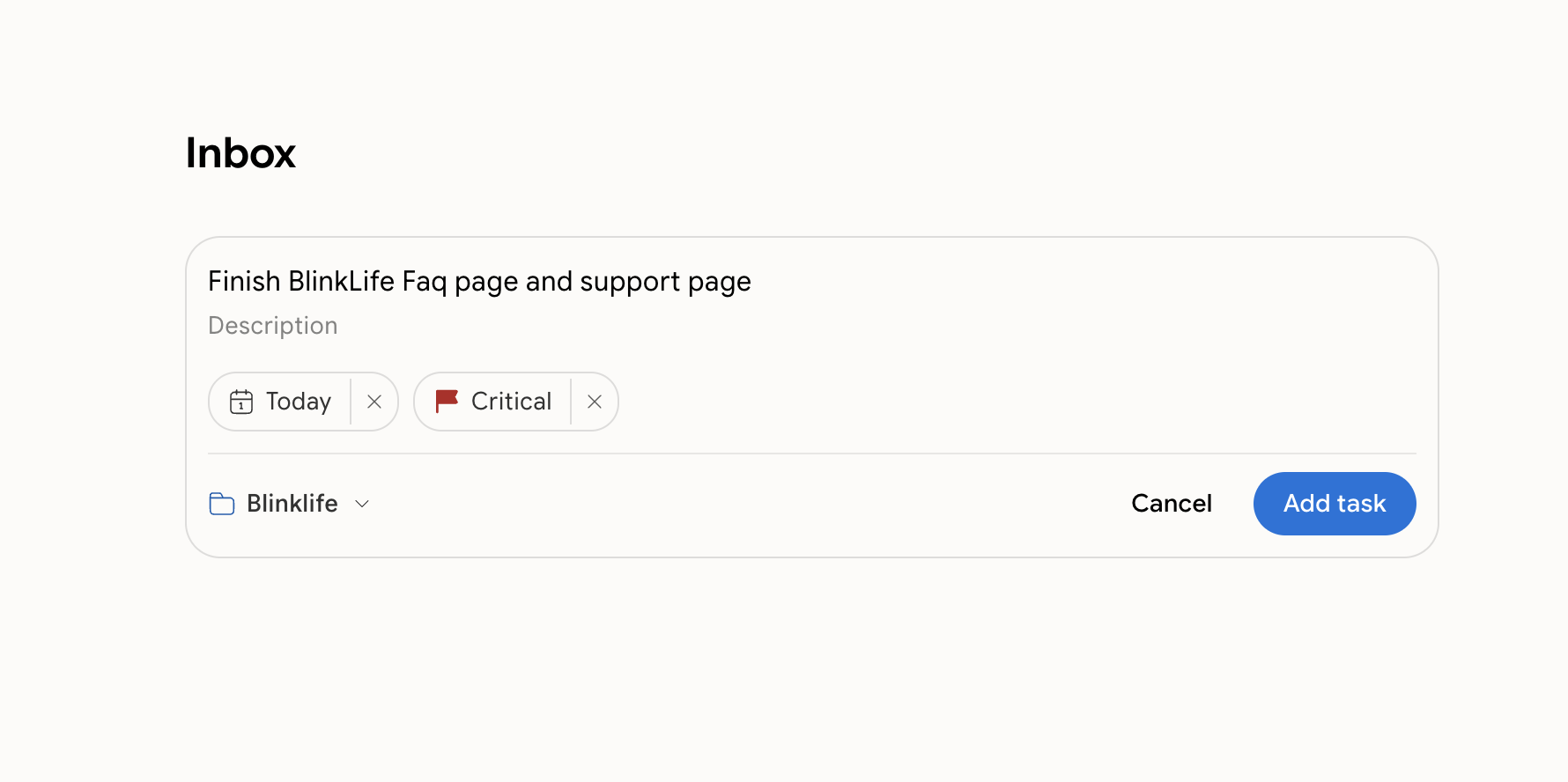 Creating a task in the Inbox with due date, priority, and project